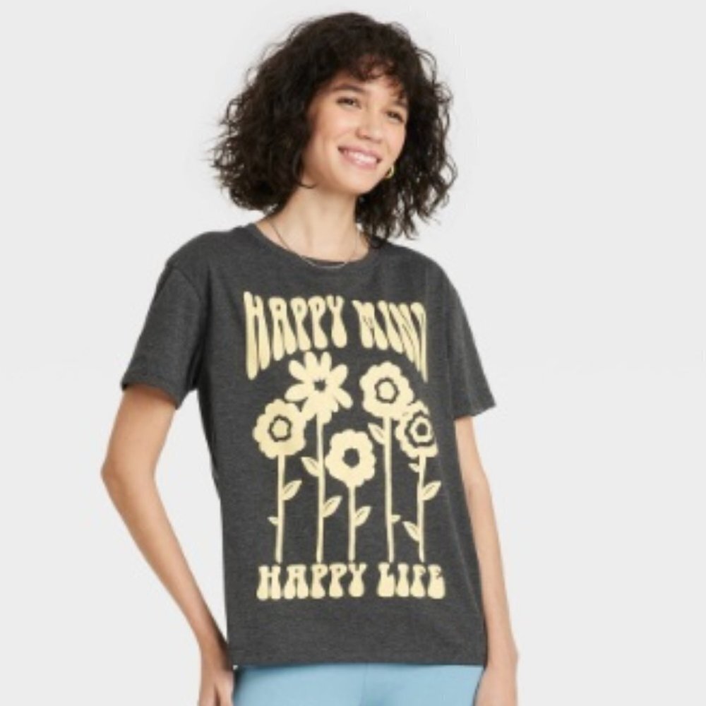 Happy Mind Short Sleeve Graphic T-Shirt - Charcoal Gray
